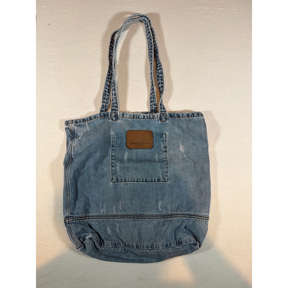 American Eagle Outfitters Denim Tote Bag Light Wash Distressed Jean Shoulder Bag